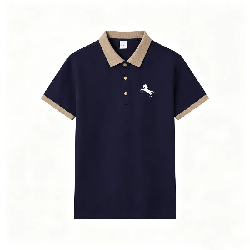2026 Hot Trend Unisex Short Sleeve Polo Shirt Minimal Horse Silhouette Print Contrast Collar Breathable Daily Sport Top S-2XL