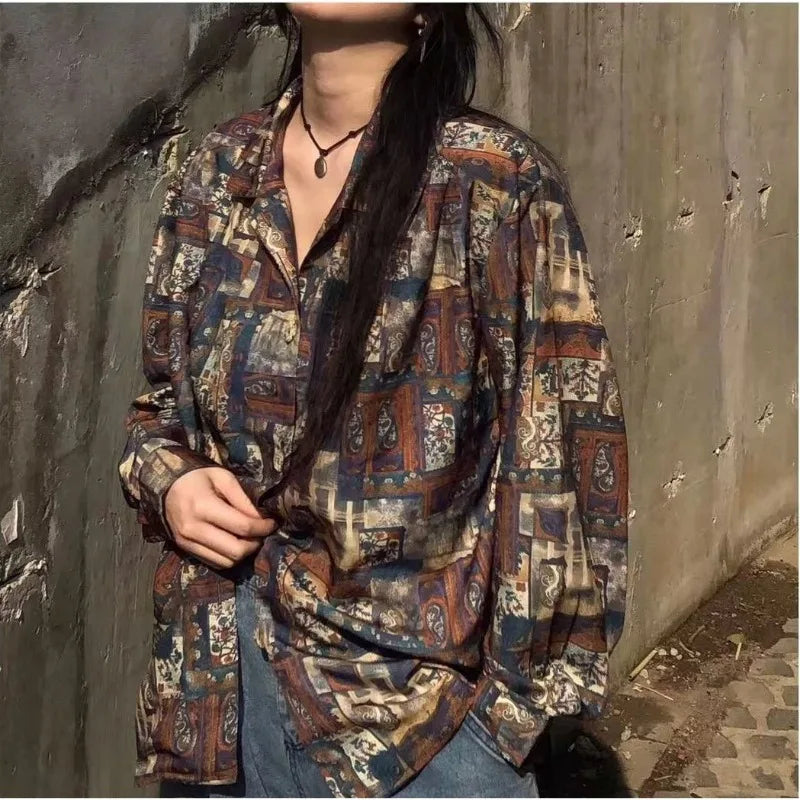 Unisex Spring Summer Vintage Casual Oil Painting Print Loose Fit Polo Collar Long Sleeve Shirt For Trendy Daily Wear