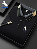 Men's Striped Collar Short Sleeve Polo Shirt, Classic Horse Embroidery Pique Tee, Breathable Lapel Button Golf T Shirts, Busines