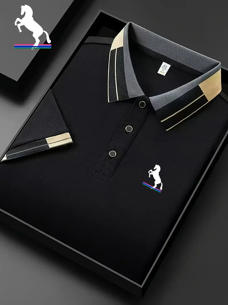 Men's Striped Collar Short Sleeve Polo Shirt, Classic Horse Embroidery Pique Tee, Breathable Lapel Button Golf T Shirts, Busines