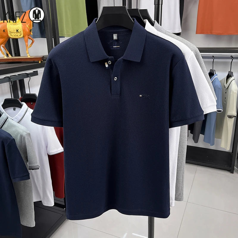 Wrinkle resistant lapel polo tee for men pique fabric chest POLO embroidery soft stretch travel office daily short sleeve top