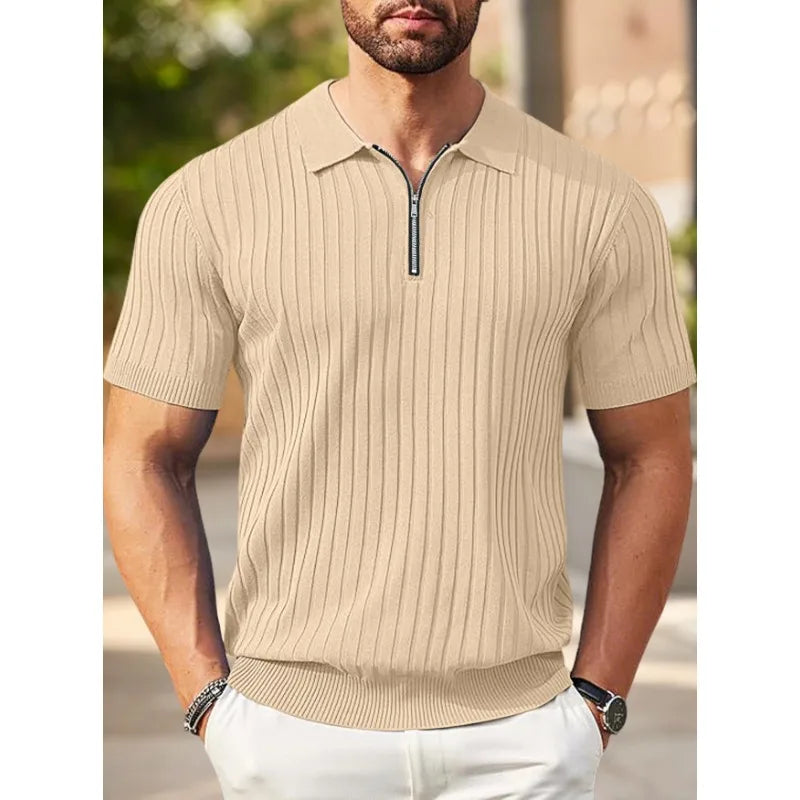 Men's Ribbed Knit Polo Shirt Half-Zip Collar Short Sleeve Casual Summer Top