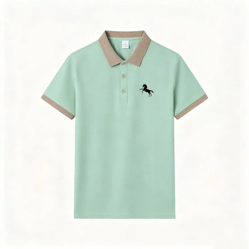 2026 Hot Trend Unisex Short Sleeve Polo Shirt Minimal Horse Silhouette Print Contrast Collar Breathable Daily Sport Top S-2XL