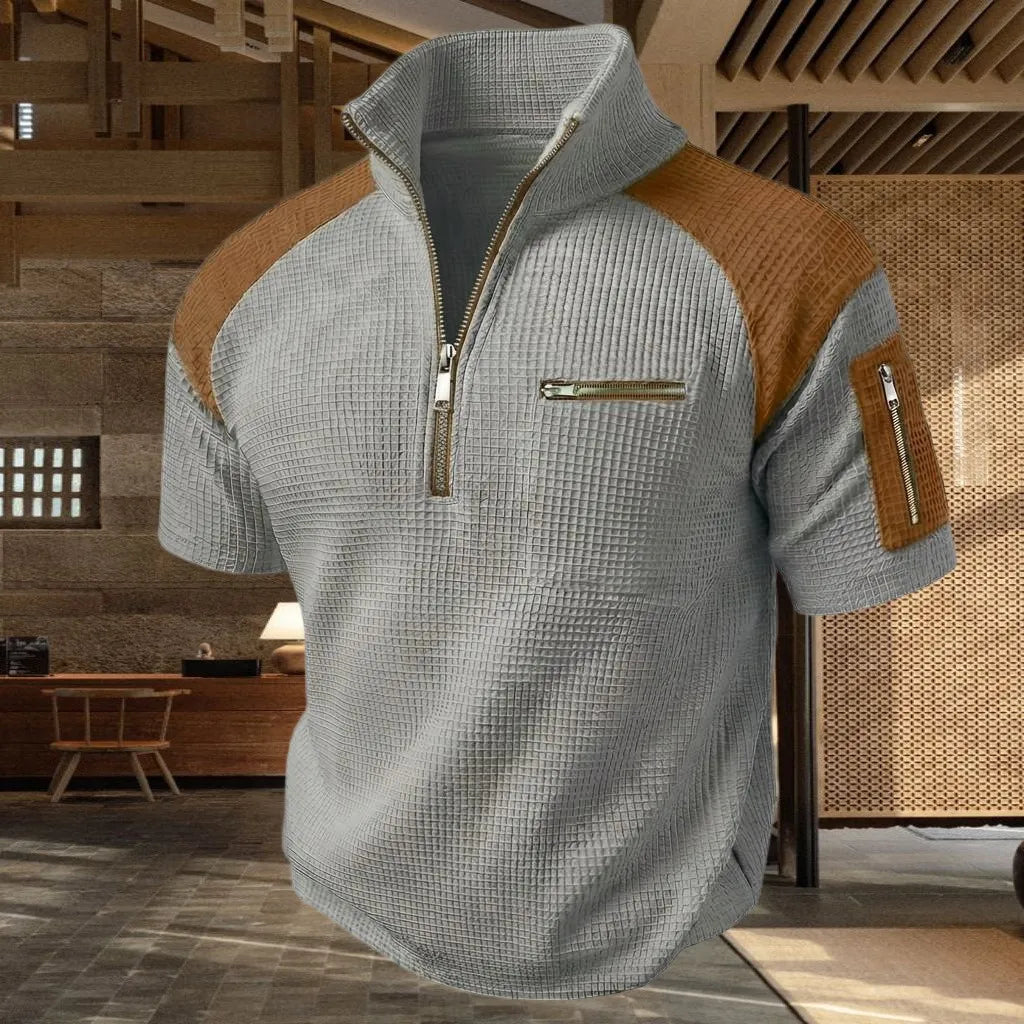 Men's polo shirt with zippers on the arms and chest for a colorful design, short-sleeved summer casual top for daily wear