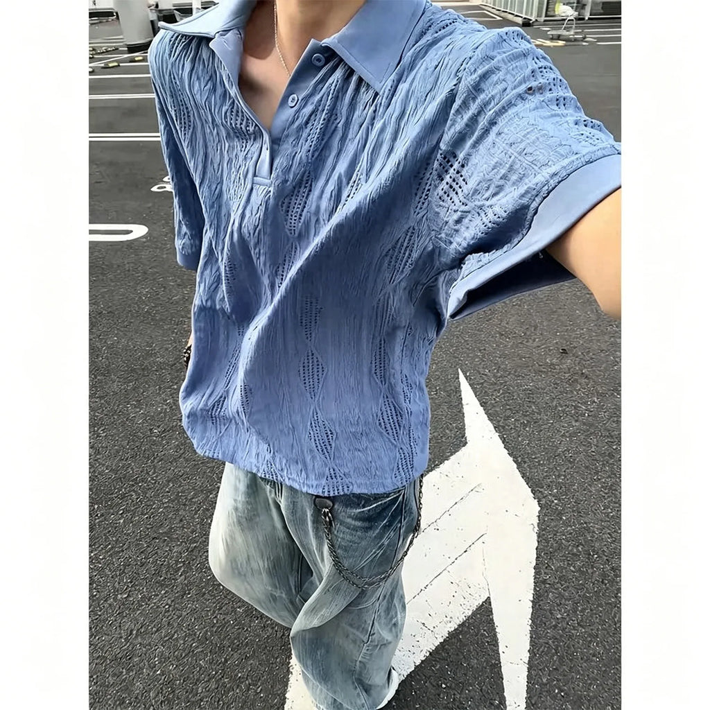 Pure Lust Style Texture Knitted Polo Shirt for Men, Summer Mesh Breathable Short Sleeves and Half Sleeves