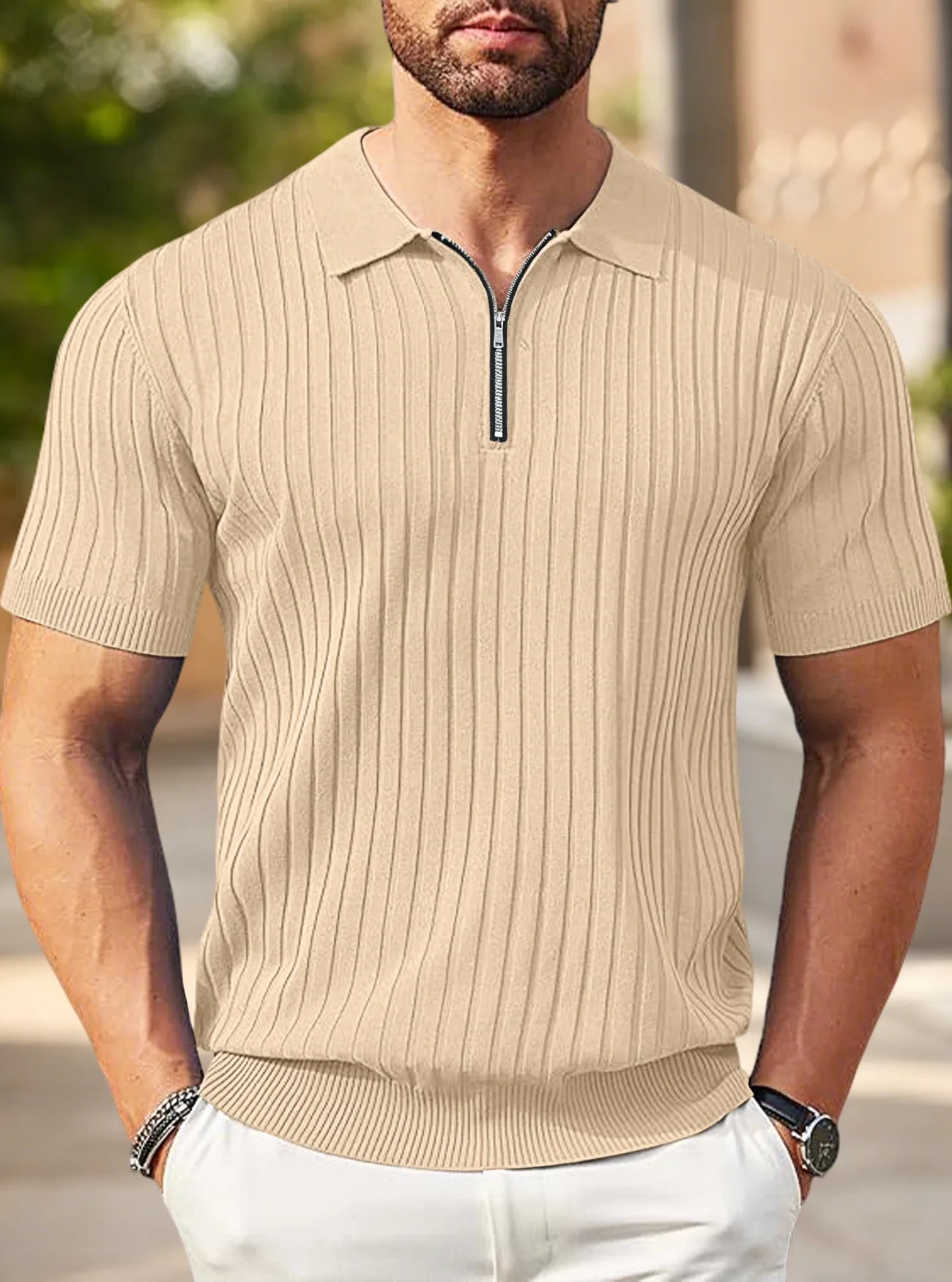 Men's Ribbed Knit Polo Shirt Half-Zip Collar Short Sleeve Casual Summer Top