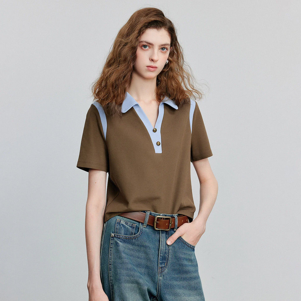 TOYOUTH Women T-Shirt 2026 Summer New Color Block Splicing Pique Cotton Light Sporty Polo Collar Trendy Tops