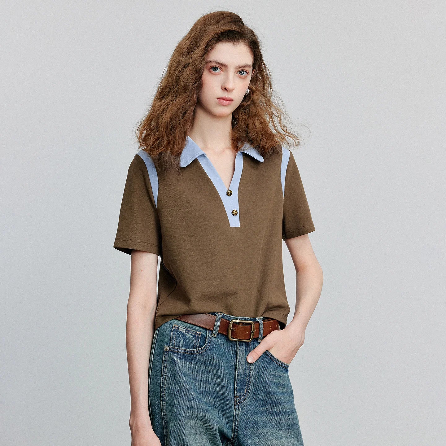 TOYOUTH Women T-Shirt 2026 Summer New Color Block Splicing Pique Cotton Light Sporty Polo Collar Trendy Tops
