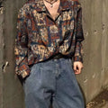 Unisex Spring Summer Vintage Casual Oil Painting Print Loose Fit Polo Collar Long Sleeve Shirt For Trendy Daily Wear