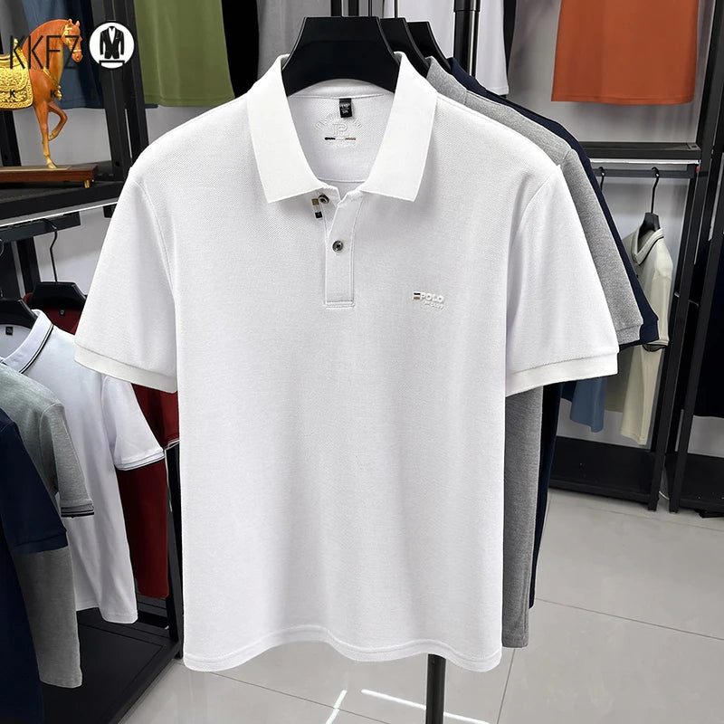 Wrinkle resistant lapel polo tee for men pique fabric chest POLO embroidery soft stretch travel office daily short sleeve top