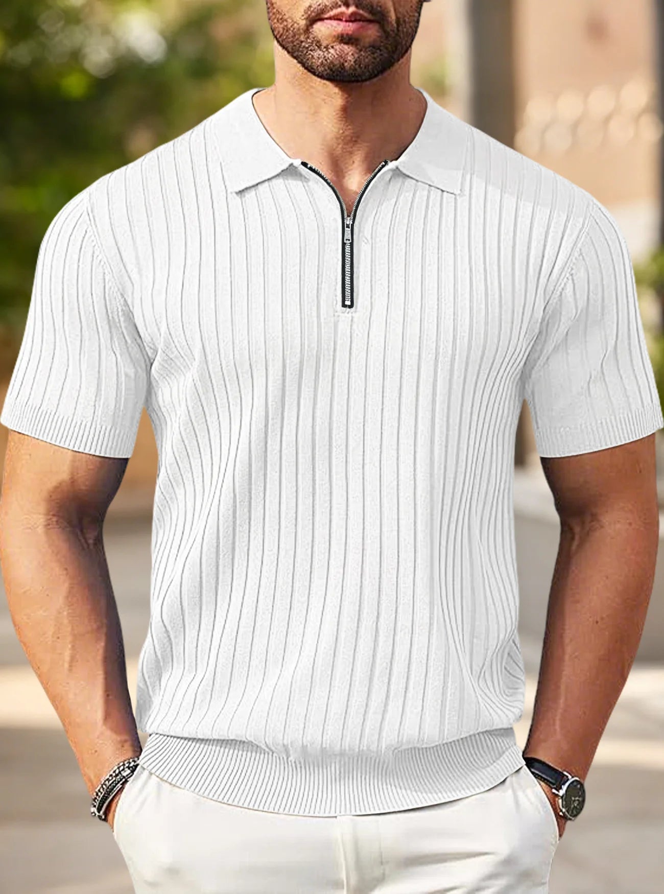 Men's Ribbed Knit Polo Shirt Half-Zip Collar Short Sleeve Casual Summer Top