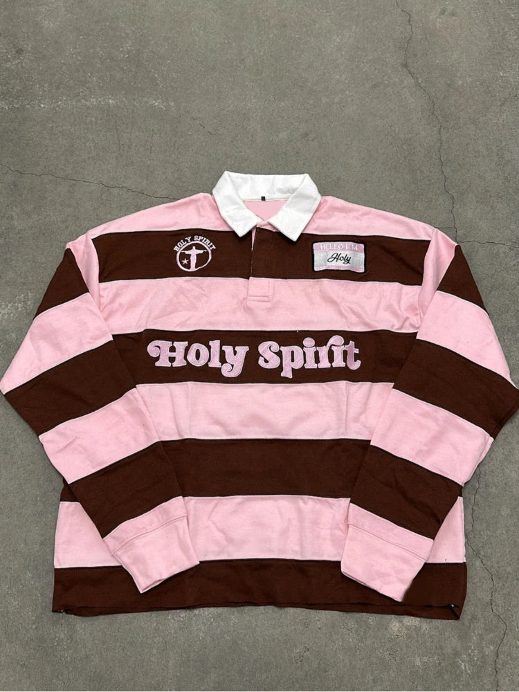 Unisex Red White Stripe Rugby Polo Long Sleeve Shirt, Holy Spirit Embroidery Patch Loose Vintage Y2K Streetwear Pullover Top