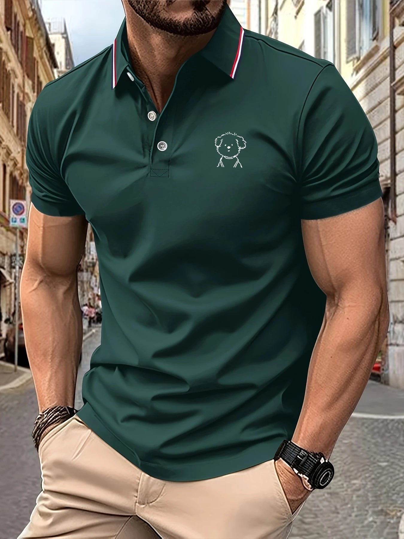 Polo Shirt Man Cute Puppy Sketch Print Striped Collar Summer Casual Soft Breathable Trendy Sweet Daily Wear Short Sleeve Tee