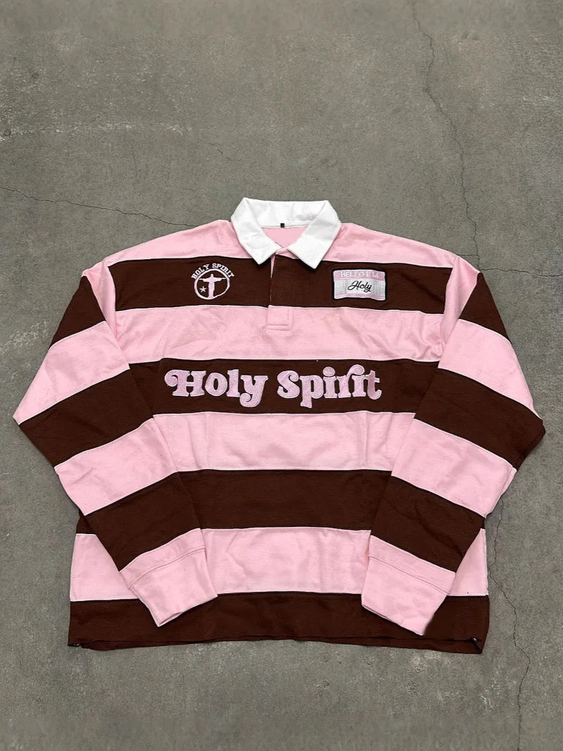 Unisex Red White Stripe Rugby Polo Long Sleeve Shirt, Holy Spirit Embroidery Patch Loose Vintage Y2K Streetwear Pullover Top