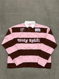 Unisex Red White Stripe Rugby Polo Long Sleeve Shirt, Holy Spirit Embroidery Patch Loose Vintage Y2K Streetwear Pullover Top