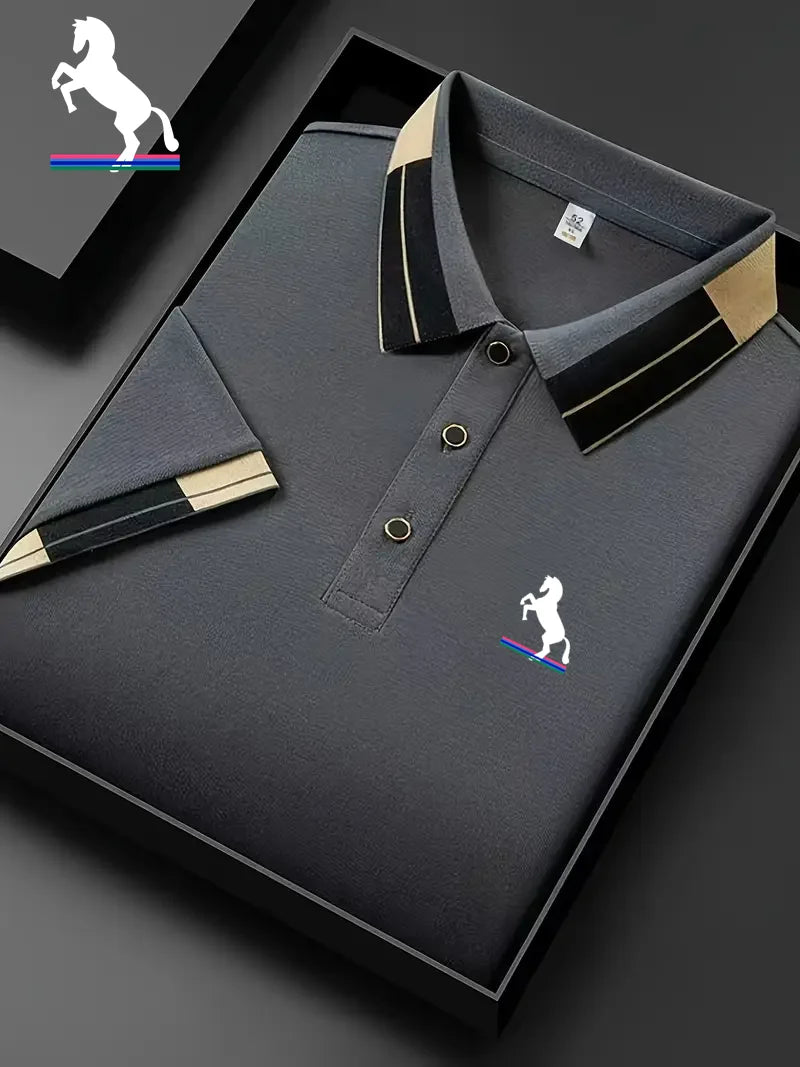 Men's Striped Collar Short Sleeve Polo Shirt, Classic Horse Embroidery Pique Tee, Breathable Lapel Button Golf T Shirts, Busines