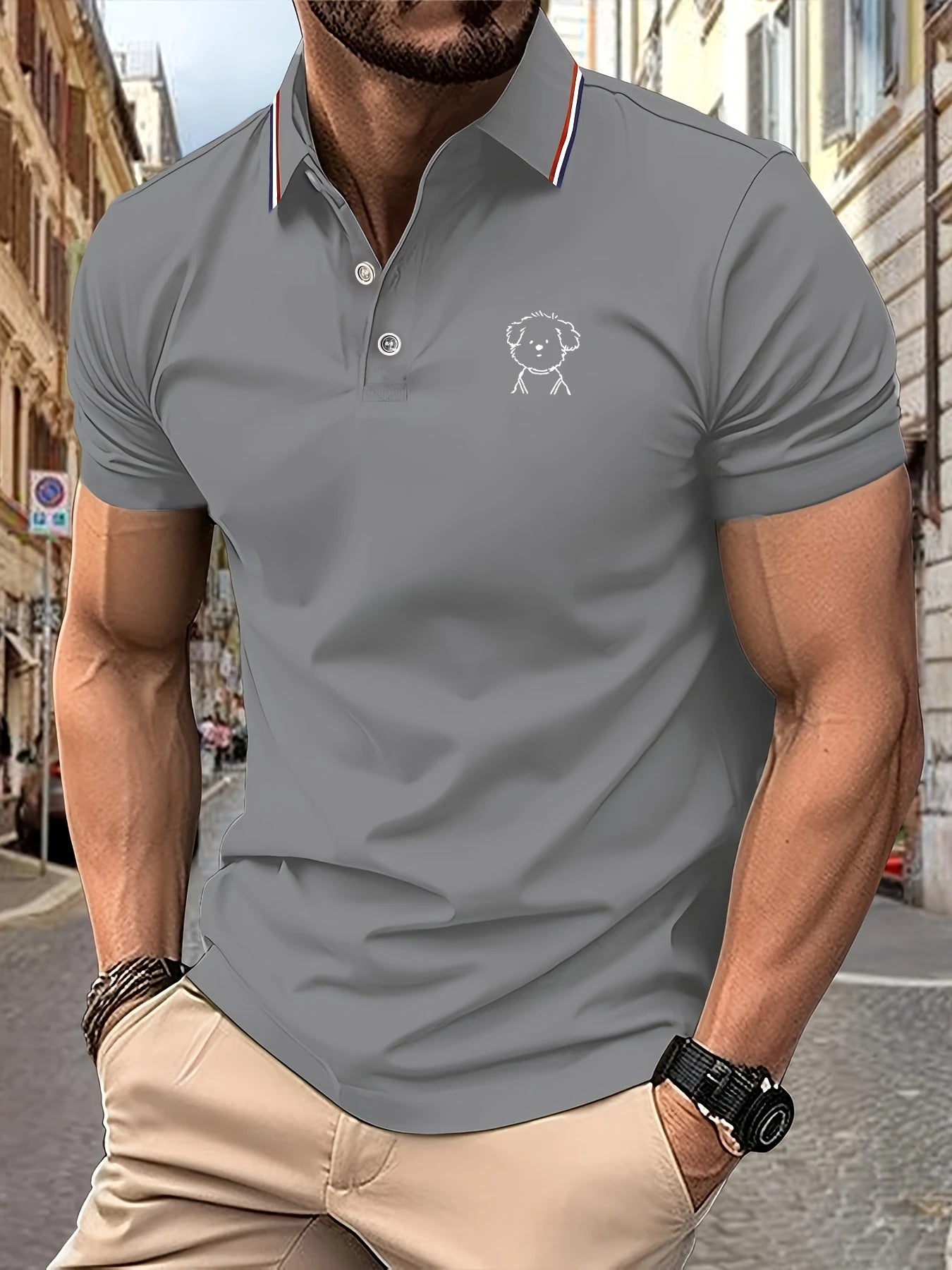 Polo Shirt Man Cute Puppy Sketch Print Striped Collar Summer Casual Soft Breathable Trendy Sweet Daily Wear Short Sleeve Tee