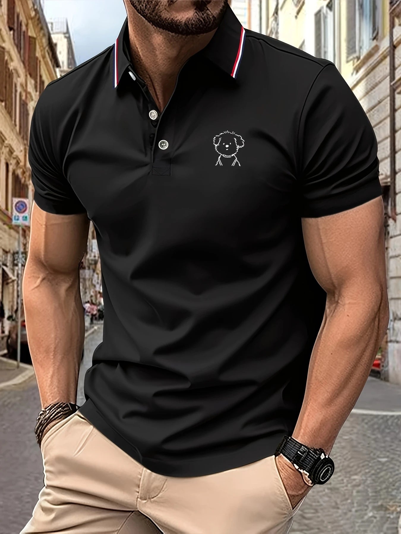 Polo Shirt Man Cute Puppy Sketch Print Striped Collar Summer Casual Soft Breathable Trendy Sweet Daily Wear Short Sleeve Tee