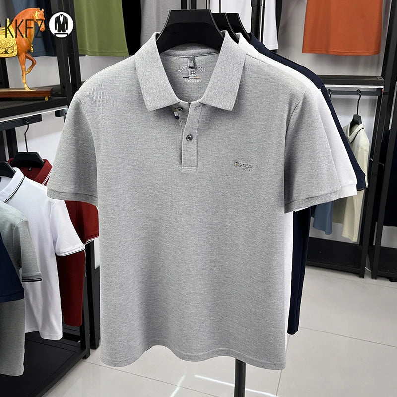 Wrinkle resistant lapel polo tee for men pique fabric chest POLO embroidery soft stretch travel office daily short sleeve top