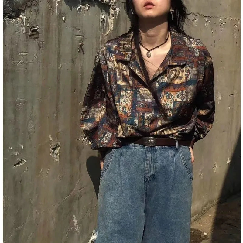 Unisex Spring Summer Vintage Casual Oil Painting Print Loose Fit Polo Collar Long Sleeve Shirt For Trendy Daily Wear