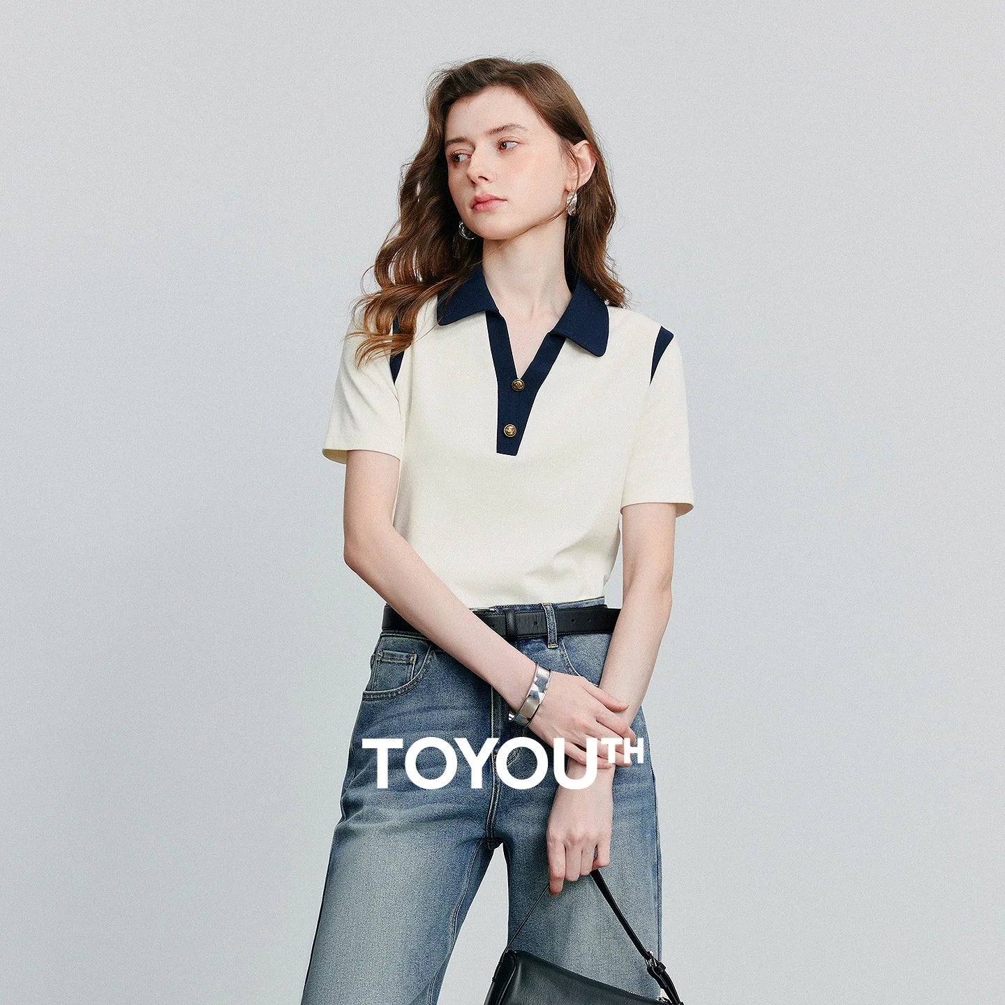 TOYOUTH Women T-Shirt 2026 Summer New Color Block Splicing Pique Cotton Light Sporty Polo Collar Trendy Tops