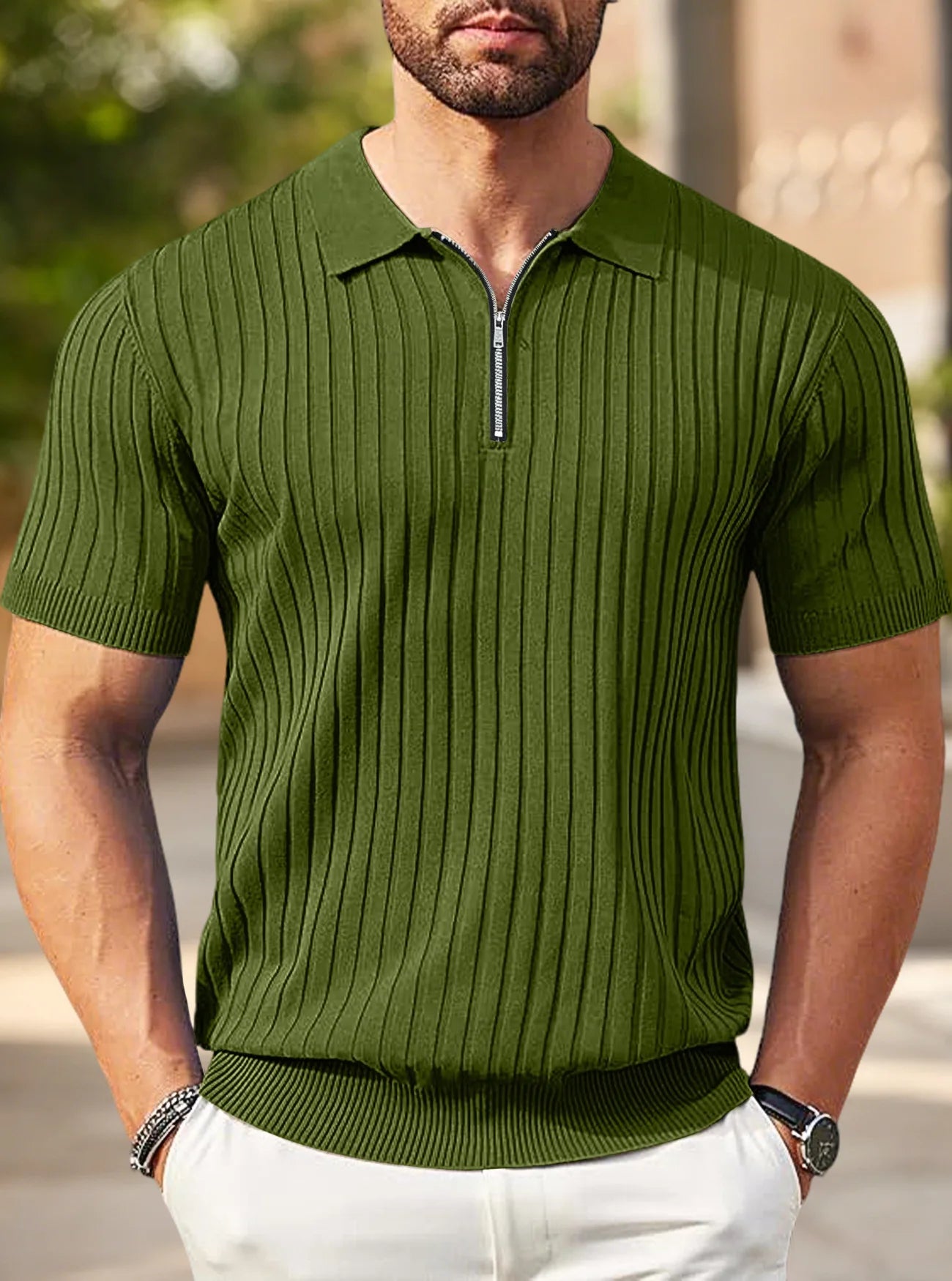 Men's Ribbed Knit Polo Shirt Half-Zip Collar Short Sleeve Casual Summer Top