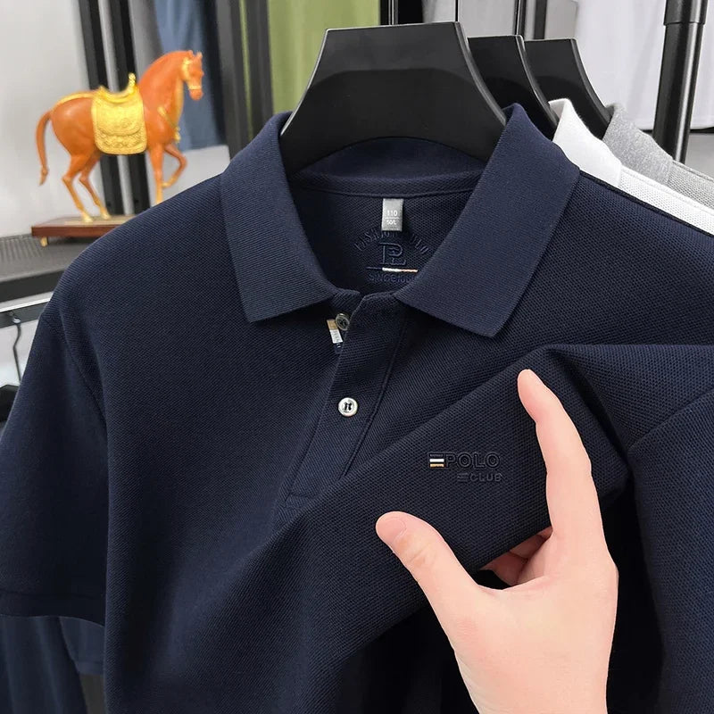 Wrinkle resistant lapel polo tee for men pique fabric chest POLO embroidery soft stretch travel office daily short sleeve top