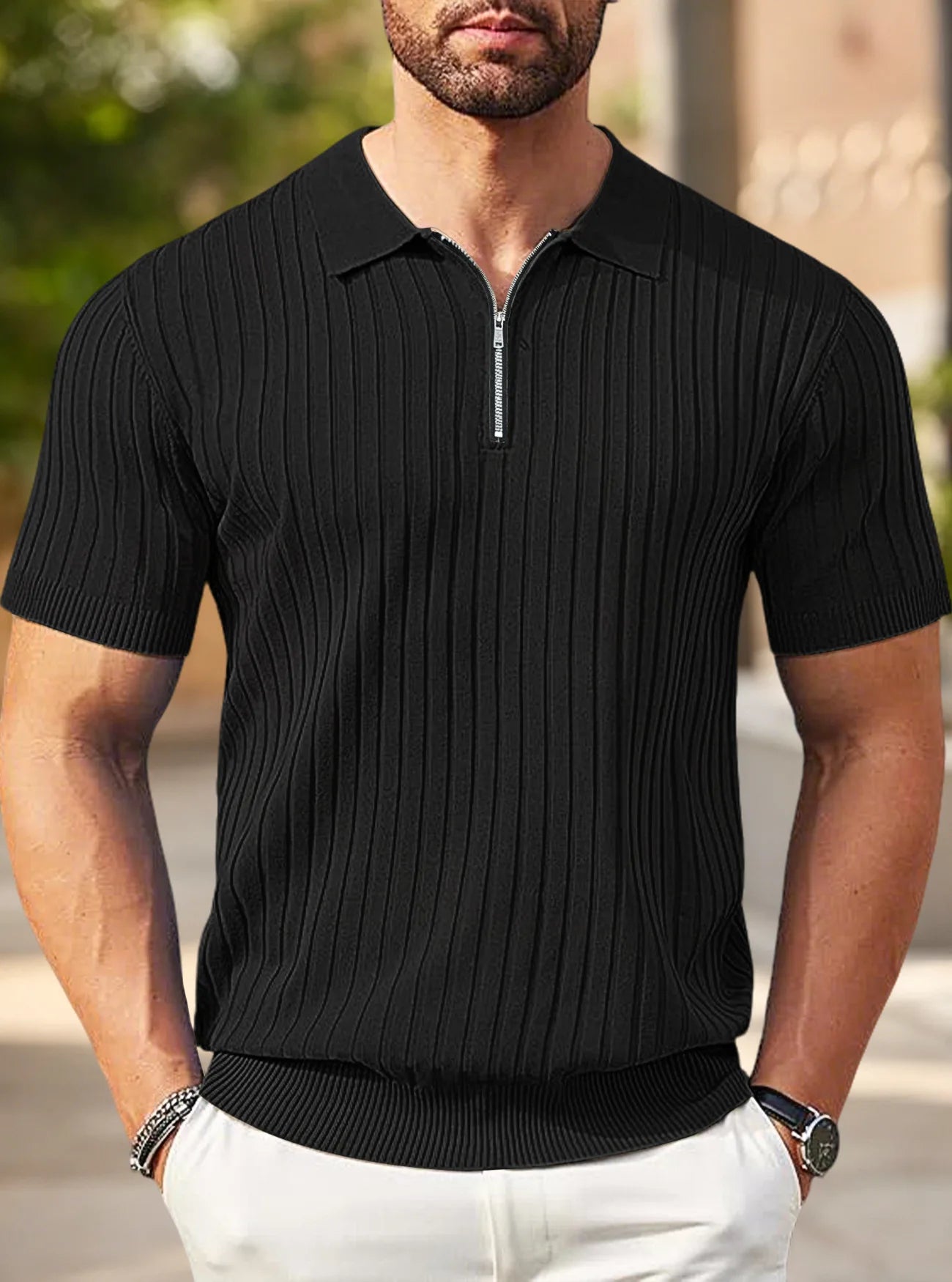 Men's Ribbed Knit Polo Shirt Half-Zip Collar Short Sleeve Casual Summer Top