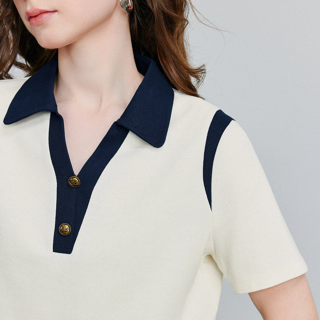 TOYOUTH Women T-Shirt 2026 Summer New Color Block Splicing Pique Cotton Light Sporty Polo Collar Trendy Tops