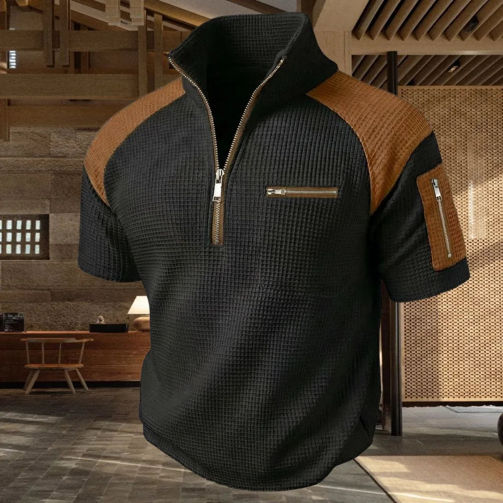 Men's polo shirt with zippers on the arms and chest for a colorful design, short-sleeved summer casual top for daily wear