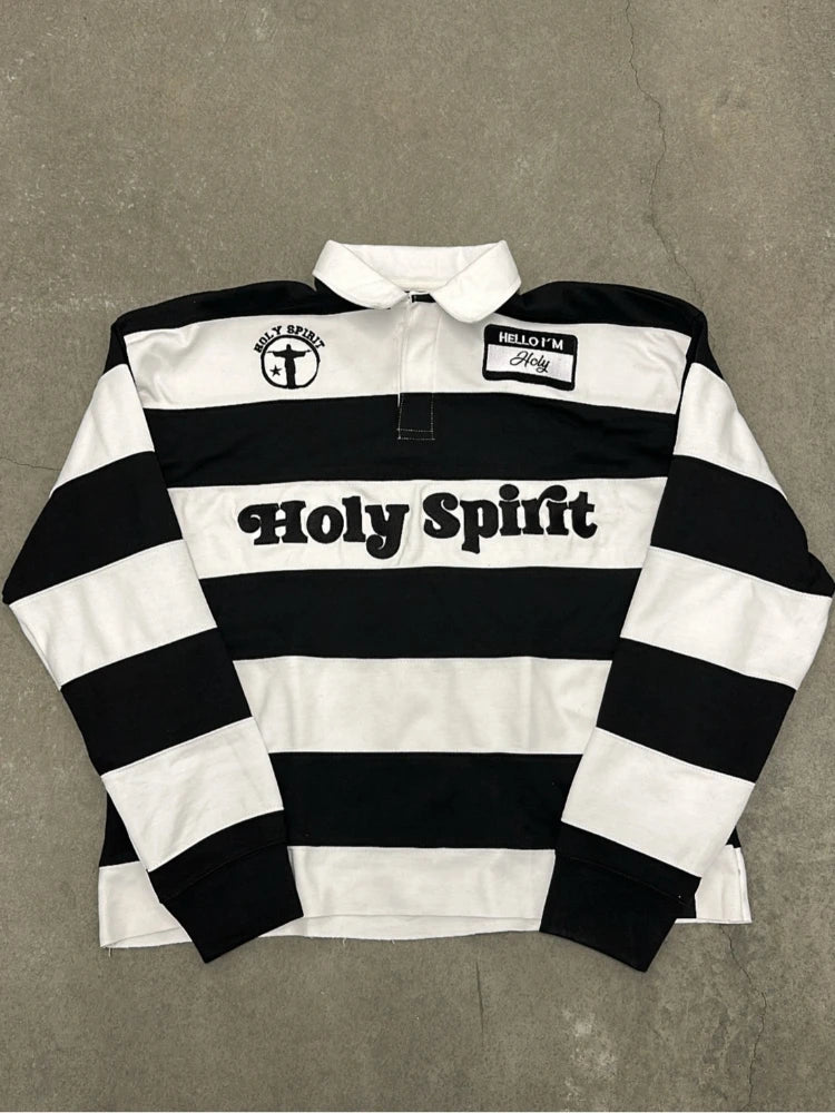 Unisex Red White Stripe Rugby Polo Long Sleeve Shirt, Holy Spirit Embroidery Patch Loose Vintage Y2K Streetwear Pullover Top