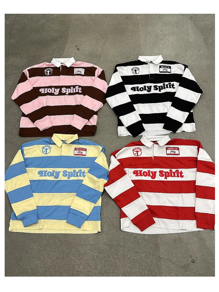 Unisex Red White Stripe Rugby Polo Long Sleeve Shirt, Holy Spirit Embroidery Patch Loose Vintage Y2K Streetwear Pullover Top