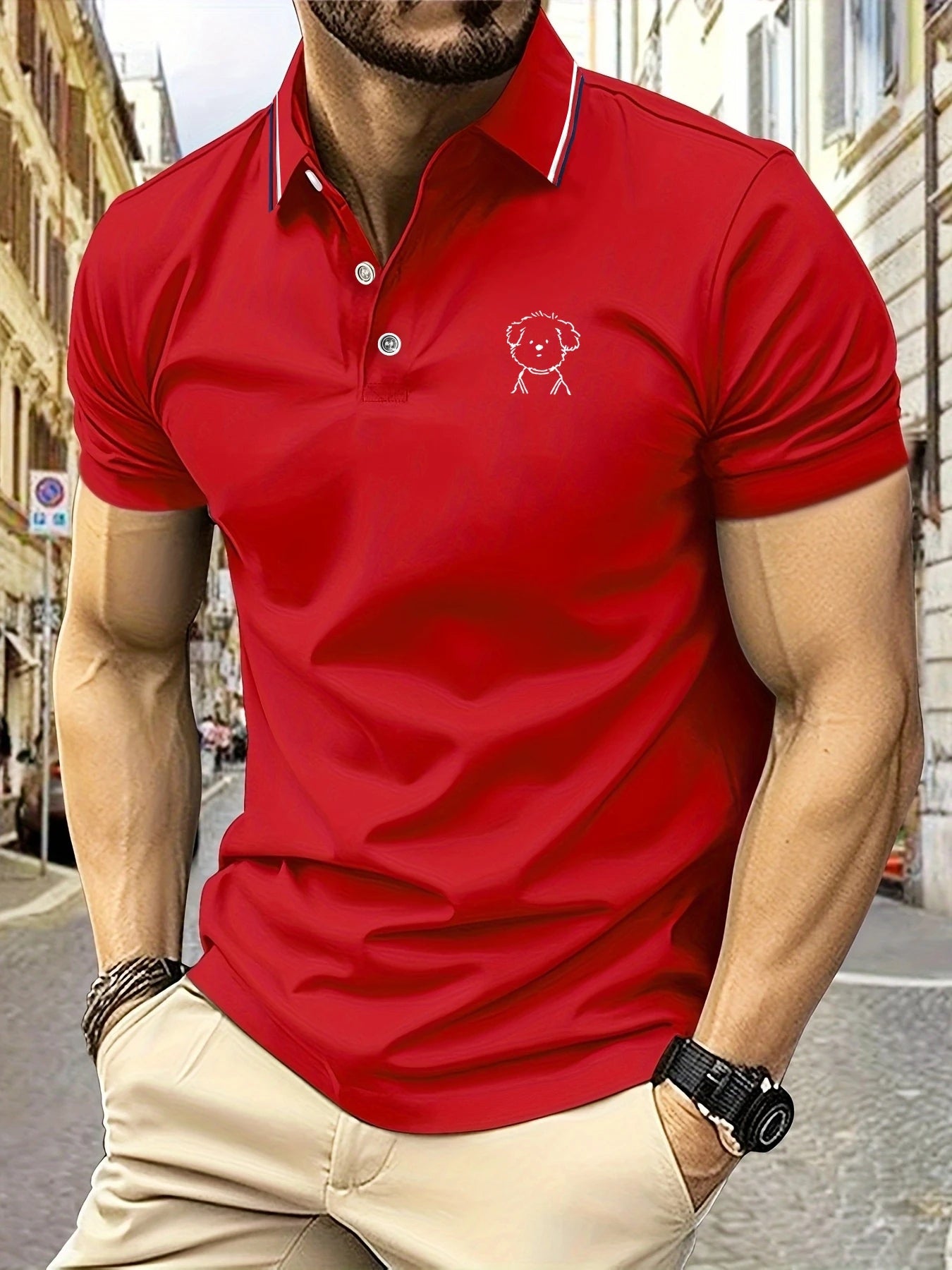 Polo Shirt Man Cute Puppy Sketch Print Striped Collar Summer Casual Soft Breathable Trendy Sweet Daily Wear Short Sleeve Tee