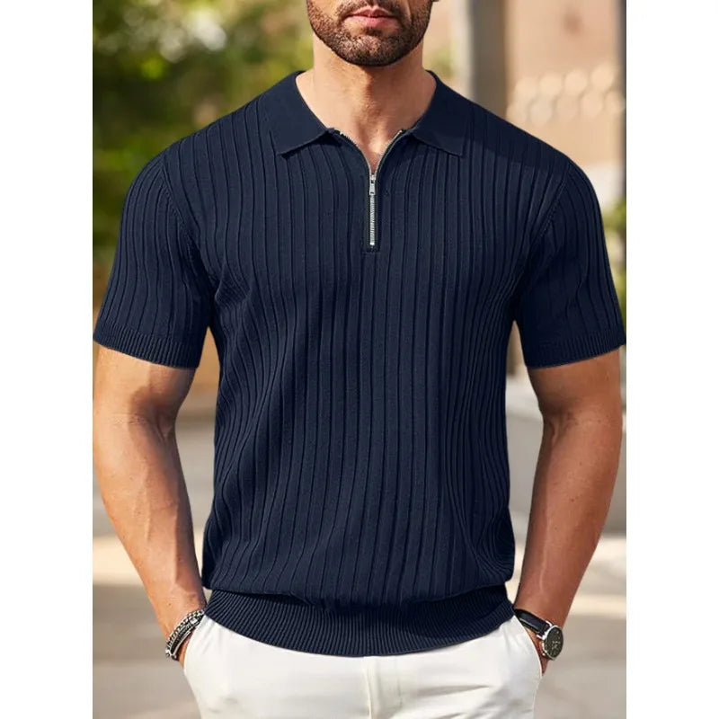 Men's Ribbed Knit Polo Shirt Half-Zip Collar Short Sleeve Casual Summer Top