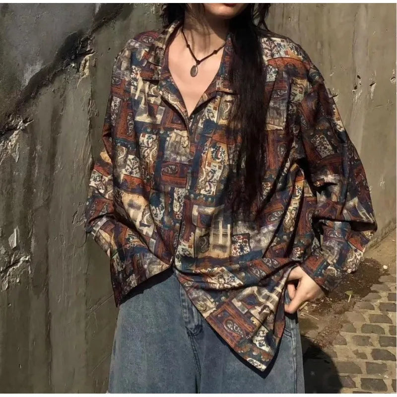 Unisex Spring Summer Vintage Casual Oil Painting Print Loose Fit Polo Collar Long Sleeve Shirt For Trendy Daily Wear