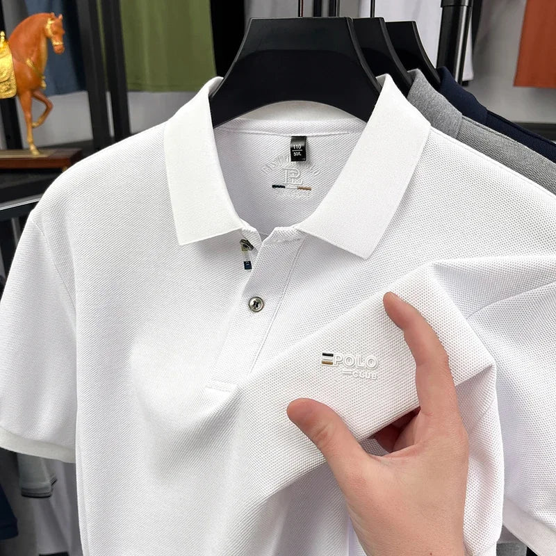 Wrinkle resistant lapel polo tee for men pique fabric chest POLO embroidery soft stretch travel office daily short sleeve top