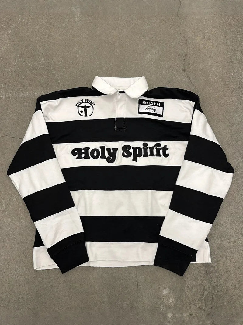 Unisex Red White Stripe Rugby Polo Long Sleeve Shirt, Holy Spirit Embroidery Patch Loose Vintage Y2K Streetwear Pullover Top
