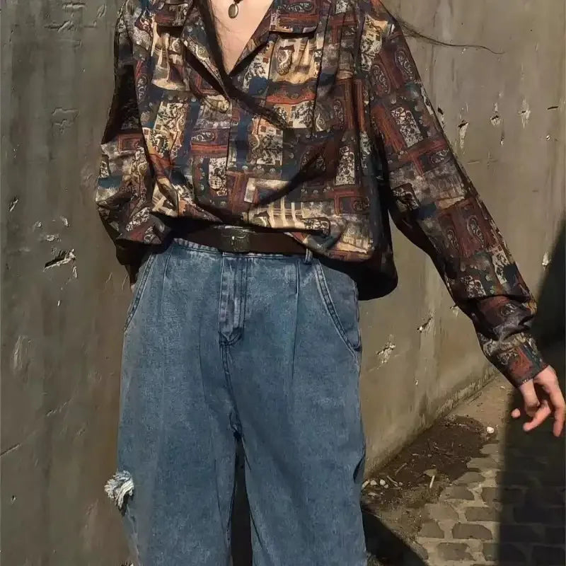 Unisex Spring Summer Vintage Casual Oil Painting Print Loose Fit Polo Collar Long Sleeve Shirt For Trendy Daily Wear