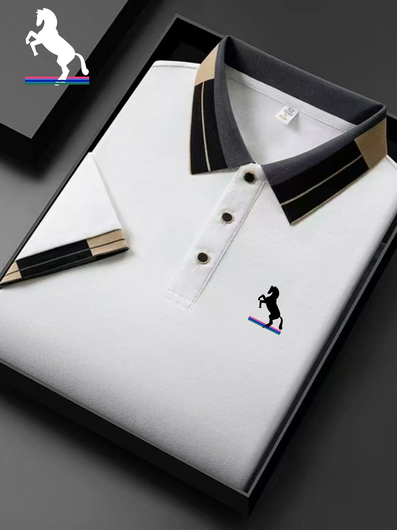 Men's Striped Collar Short Sleeve Polo Shirt, Classic Horse Embroidery Pique Tee, Breathable Lapel Button Golf T Shirts, Busines
