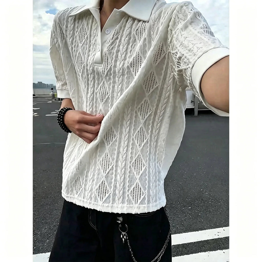 Pure Lust Style Texture Knitted Polo Shirt for Men, Summer Mesh Breathable Short Sleeves and Half Sleeves
