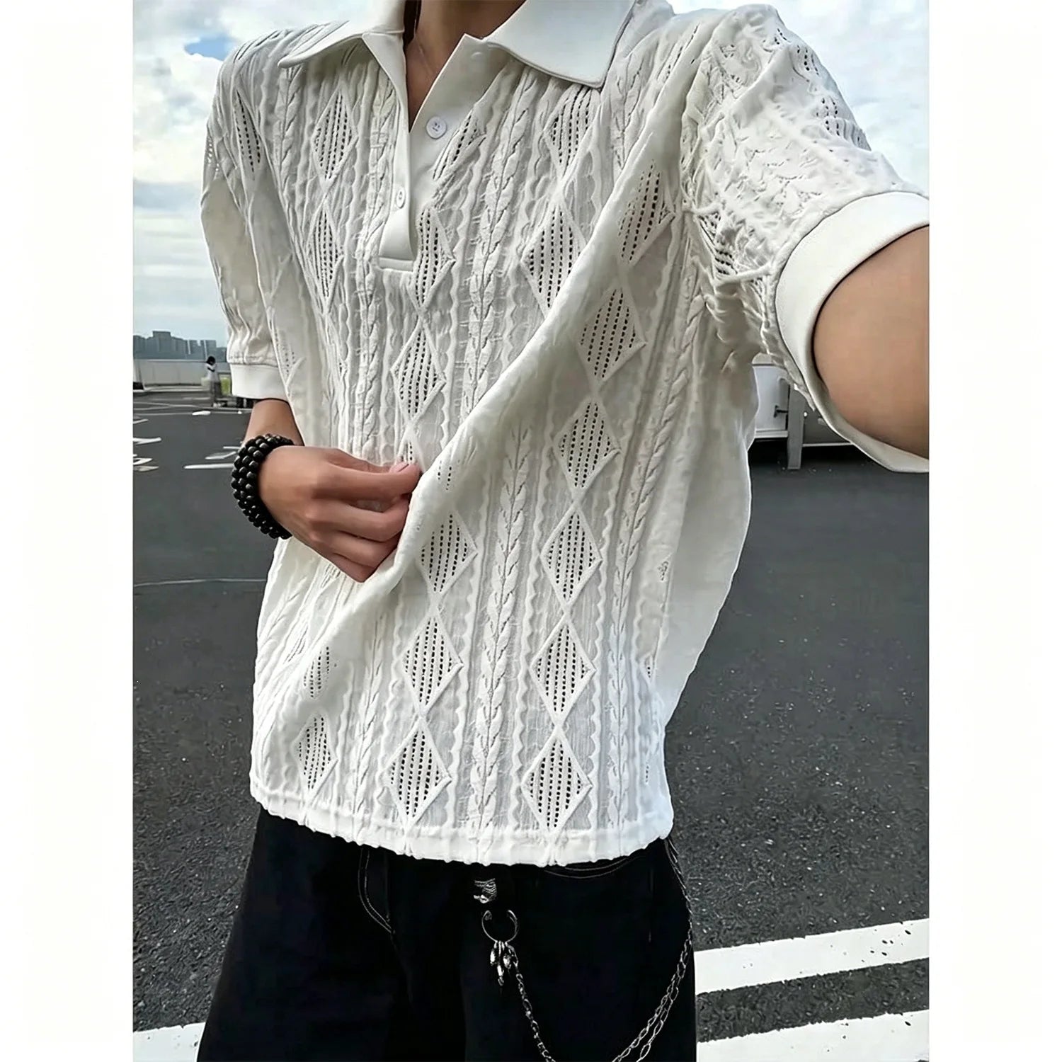 Pure Lust Style Texture Knitted Polo Shirt for Men, Summer Mesh Breathable Short Sleeves and Half Sleeves