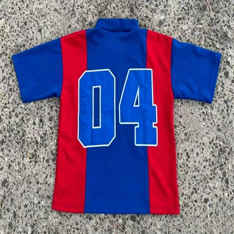 Mens Polo Shirt Rugby Short Sleeve Color Block Red Blue White Harajuku Unisex Loose Fit Casual Streetwear Preppy Sports Fashion