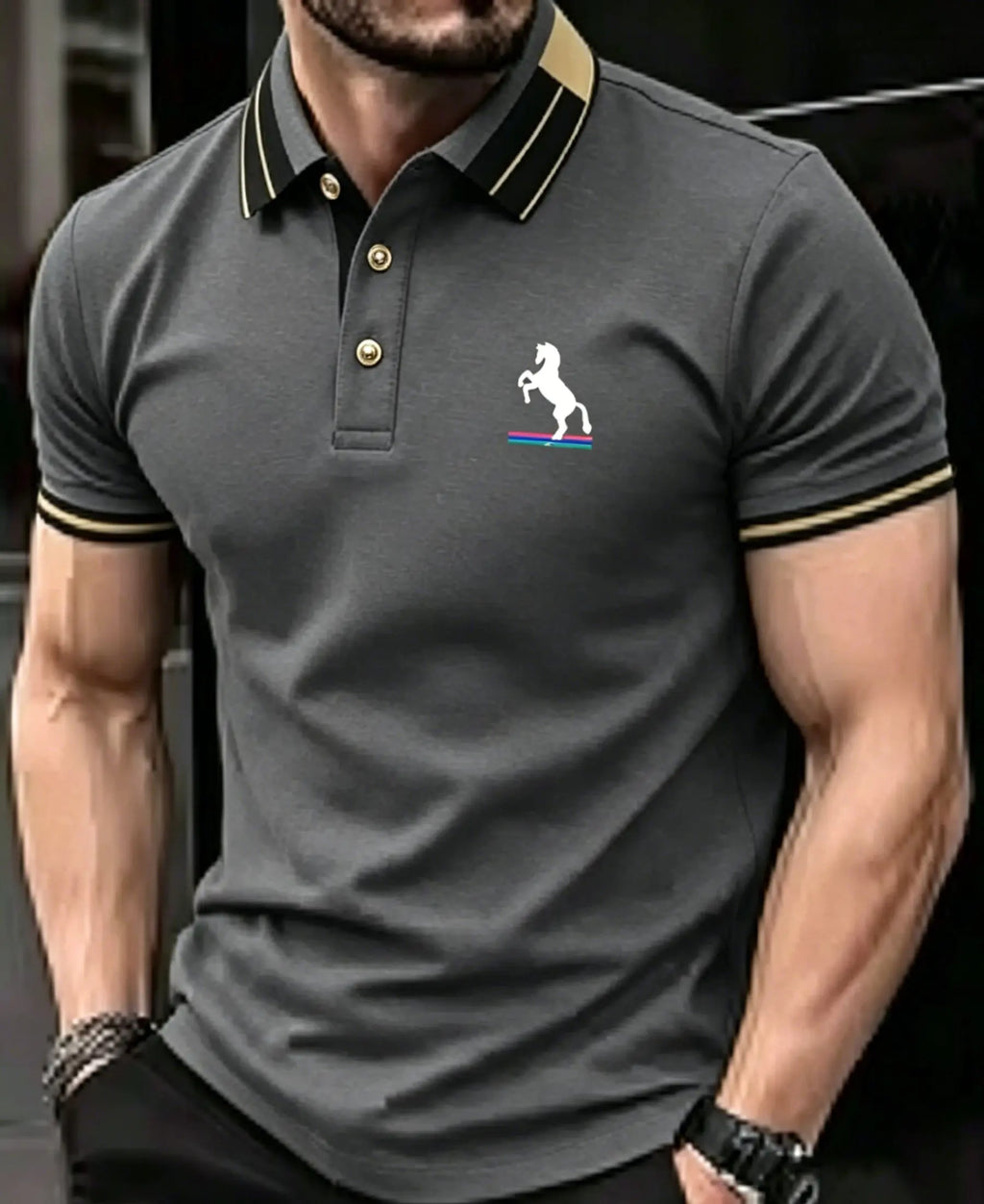 Men's Striped Collar Short Sleeve Polo Shirt, Classic Horse Embroidery Pique Tee, Breathable Lapel Button Golf T Shirts, Busines