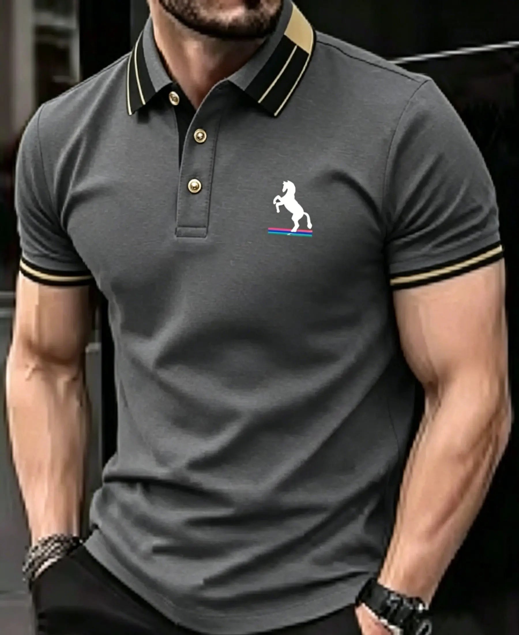 Men's Striped Collar Short Sleeve Polo Shirt, Classic Horse Embroidery Pique Tee, Breathable Lapel Button Golf T Shirts, Busines