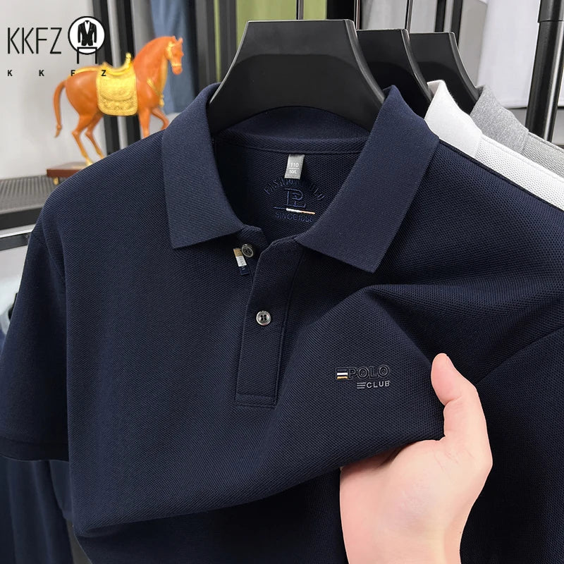 Wrinkle resistant lapel polo tee for men pique fabric chest POLO embroidery soft stretch travel office daily short sleeve top