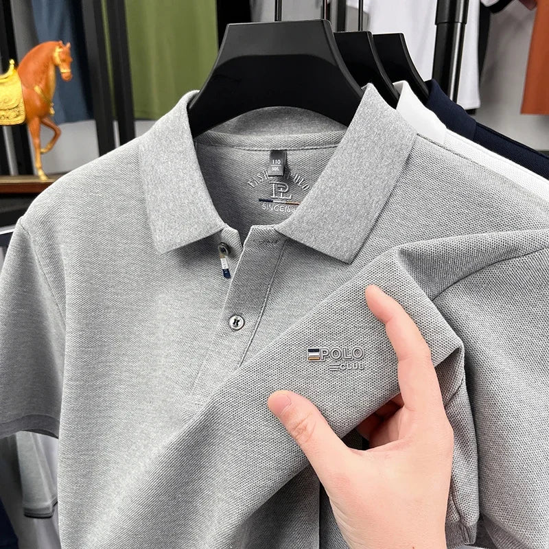 Wrinkle resistant lapel polo tee for men pique fabric chest POLO embroidery soft stretch travel office daily short sleeve top