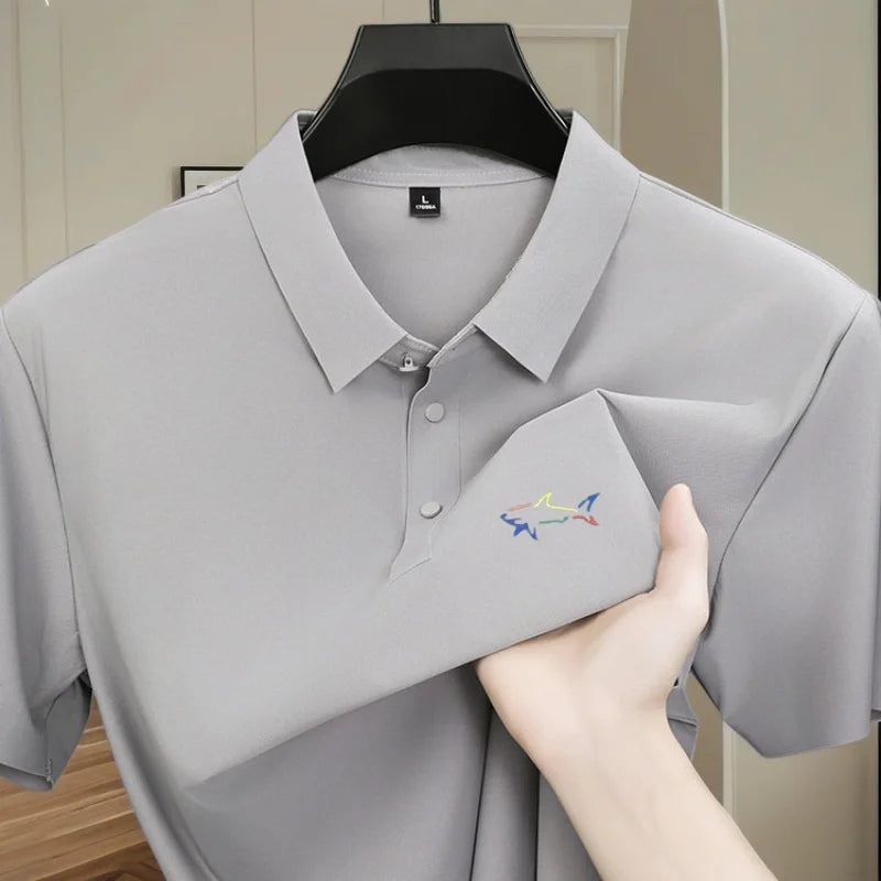 Men's polo shirt short sleeved fashionable printed design top summer new cool and breathable solid color casual ice silk T-shirt