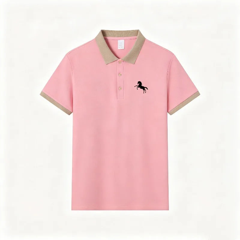 2026 Hot Trend Unisex Short Sleeve Polo Shirt Minimal Horse Silhouette Print Contrast Collar Breathable Daily Sport Top S-2XL