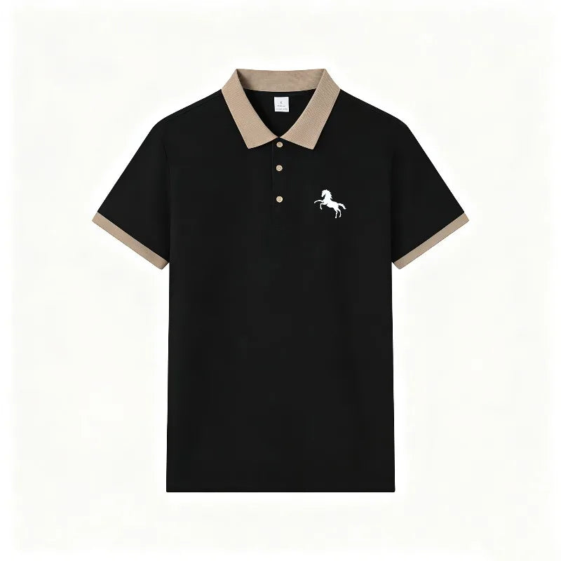 2026 Hot Trend Unisex Short Sleeve Polo Shirt Minimal Horse Silhouette Print Contrast Collar Breathable Daily Sport Top S-2XL
