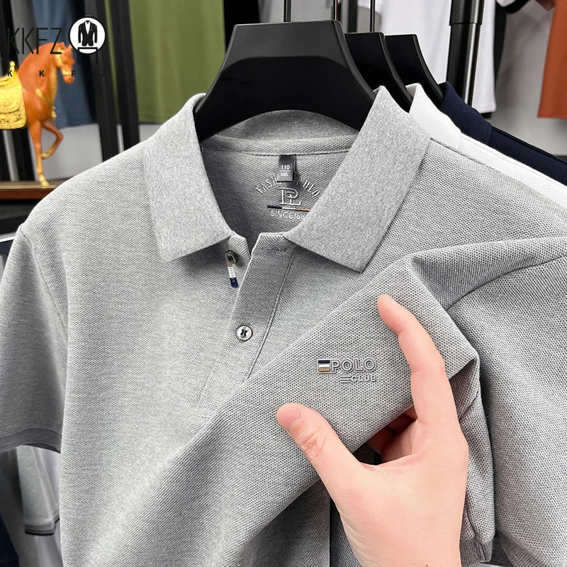 Wrinkle resistant lapel polo tee for men pique fabric chest POLO embroidery soft stretch travel office daily short sleeve top